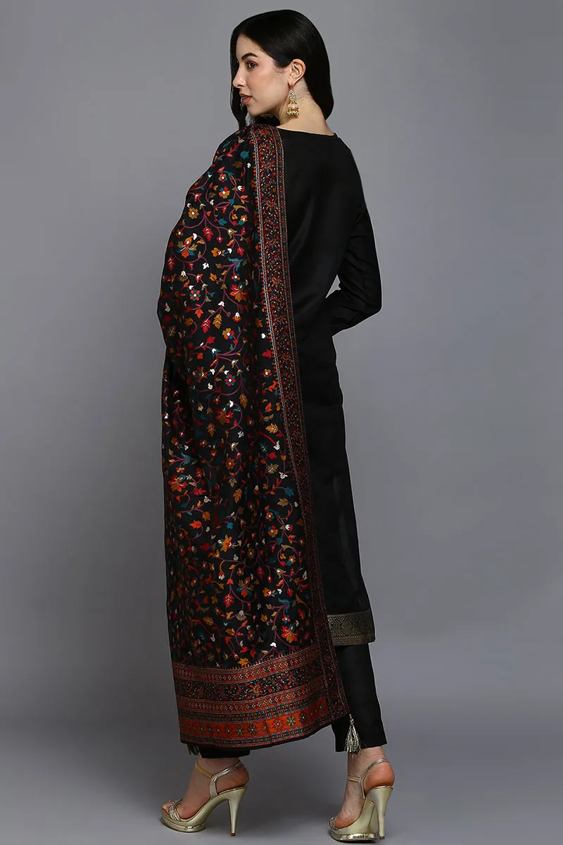 Black Silk Blend Ethnic Straight Suit Set