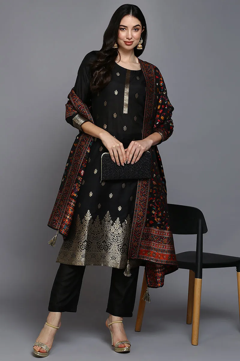 Black Silk Blend Ethnic Straight Suit Set