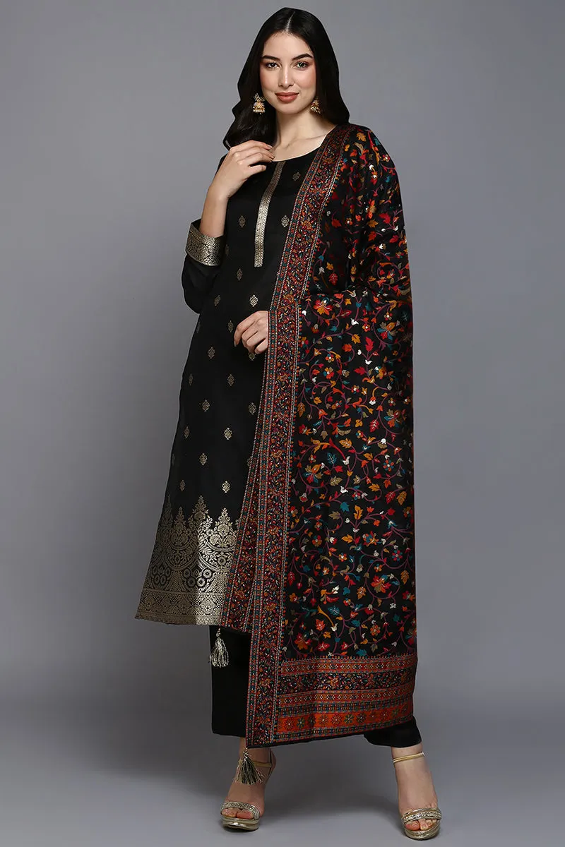 Black Silk Blend Ethnic Straight Suit Set