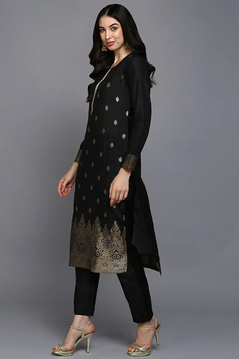 Black Silk Blend Ethnic Straight Suit Set