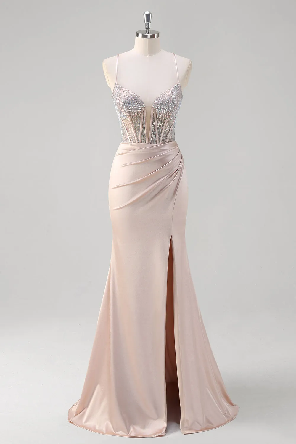 Blush Beaded Corset Ruched Mermaid Prom Dress with Slit