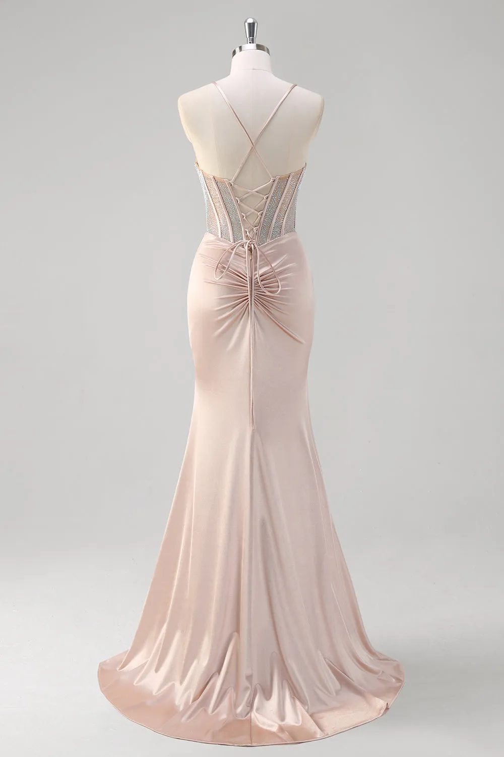 Blush Beaded Corset Ruched Mermaid Prom Dress with Slit