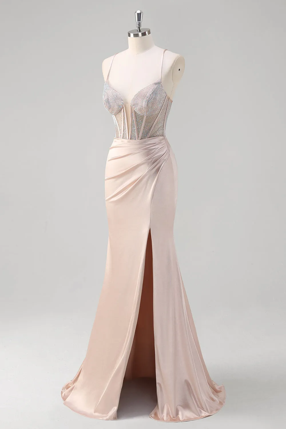 Blush Beaded Corset Ruched Mermaid Prom Dress with Slit