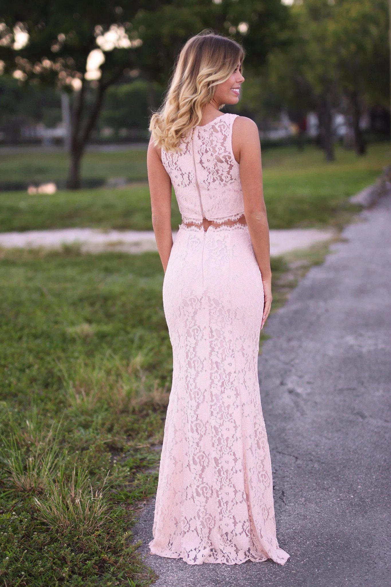 Blush Lace Crop Top and Skirt Set