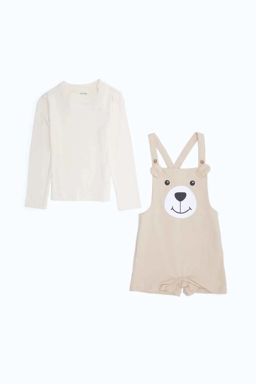 Boys Biege Bear Dungaree With Cream T-Shirt