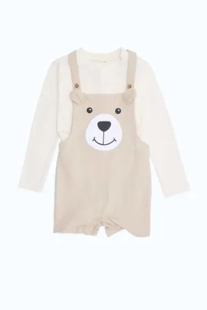 Boys Biege Bear Dungaree With Cream T-Shirt