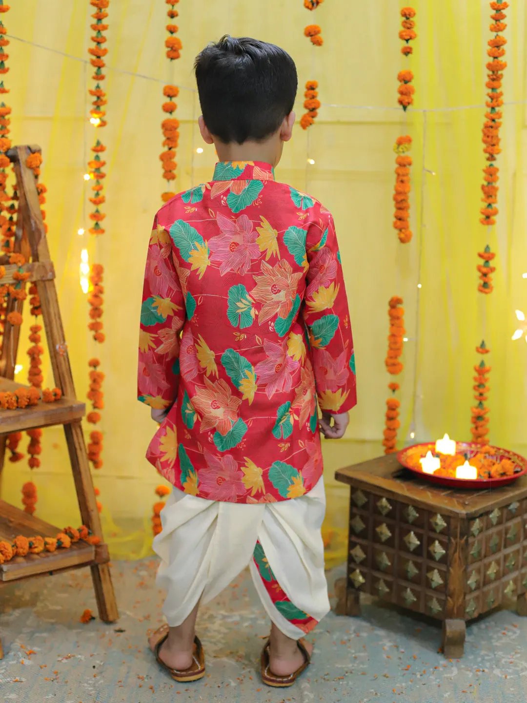 Boys Ethnic Festive Floral Printed Full Sleeve Sherwani with Cotton Dhoti - Pink