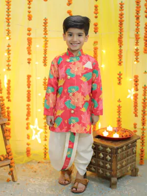 Boys Ethnic Festive Floral Printed Full Sleeve Sherwani with Cotton Dhoti - Pink