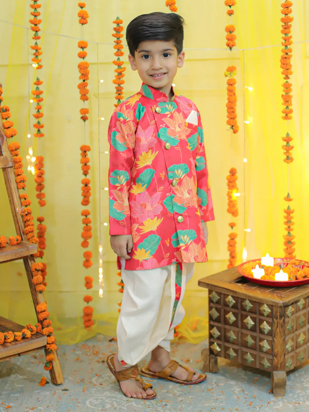 Boys Ethnic Festive Floral Printed Full Sleeve Sherwani with Cotton Dhoti - Pink