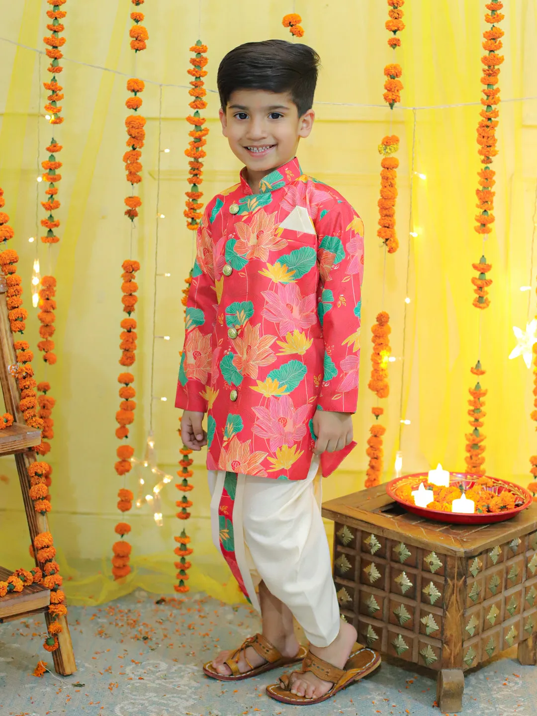 Boys Ethnic Festive Floral Printed Full Sleeve Sherwani with Cotton Dhoti - Pink