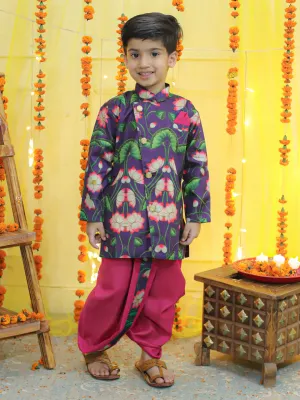 Boys Ethnic Festive Floral Printed Full Sleeve Sherwani with Cotton Dhoti -Purple