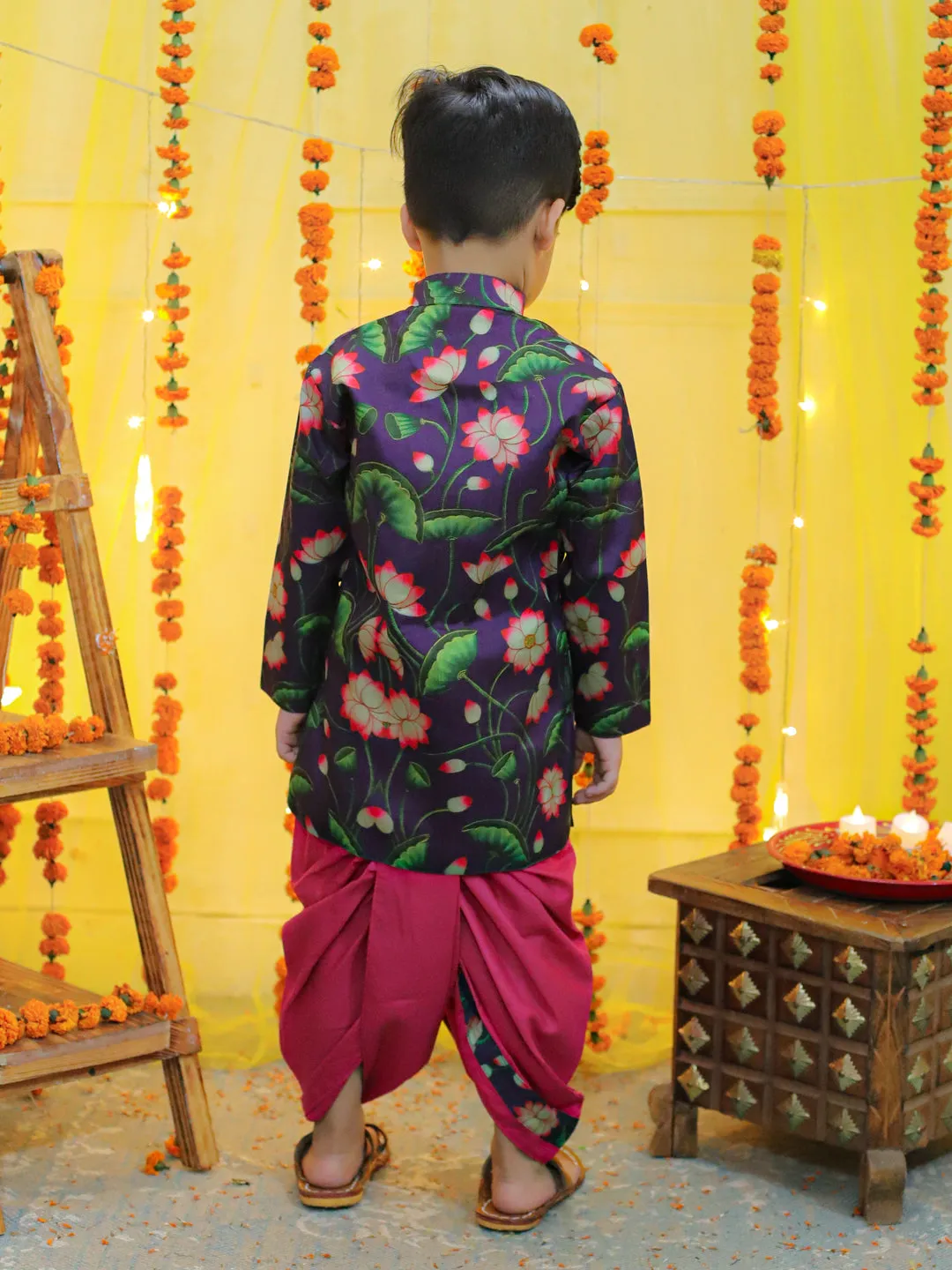 Boys Ethnic Festive Floral Printed Full Sleeve Sherwani with Cotton Dhoti -Purple