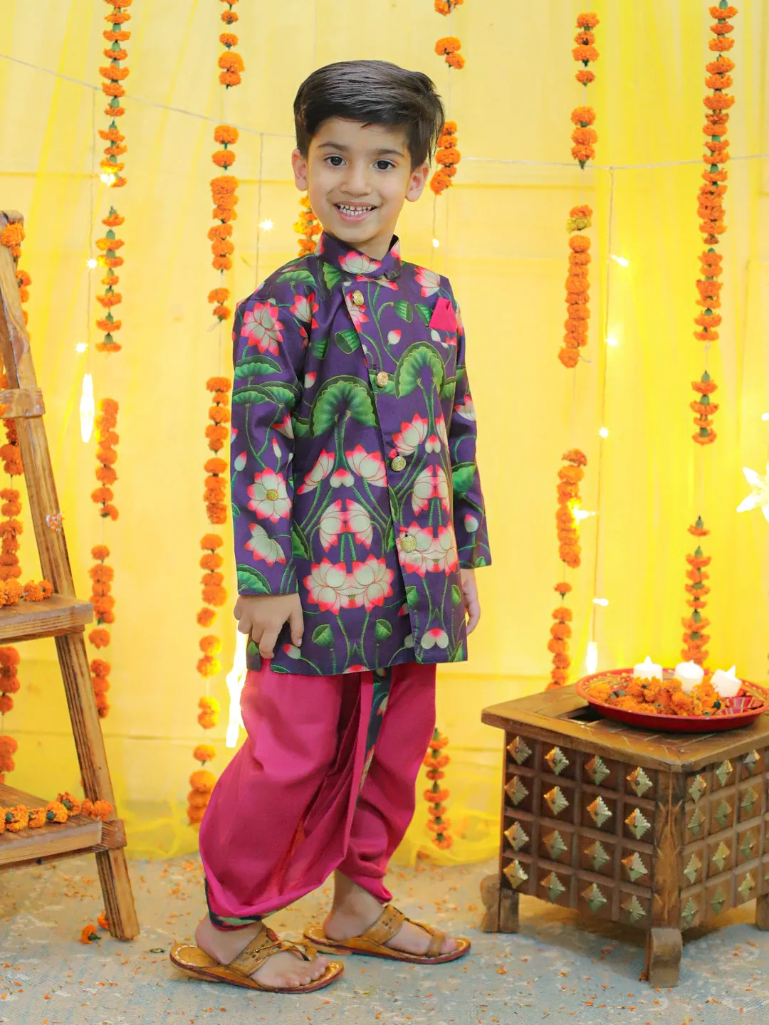 Boys Ethnic Festive Floral Printed Full Sleeve Sherwani with Cotton Dhoti -Purple