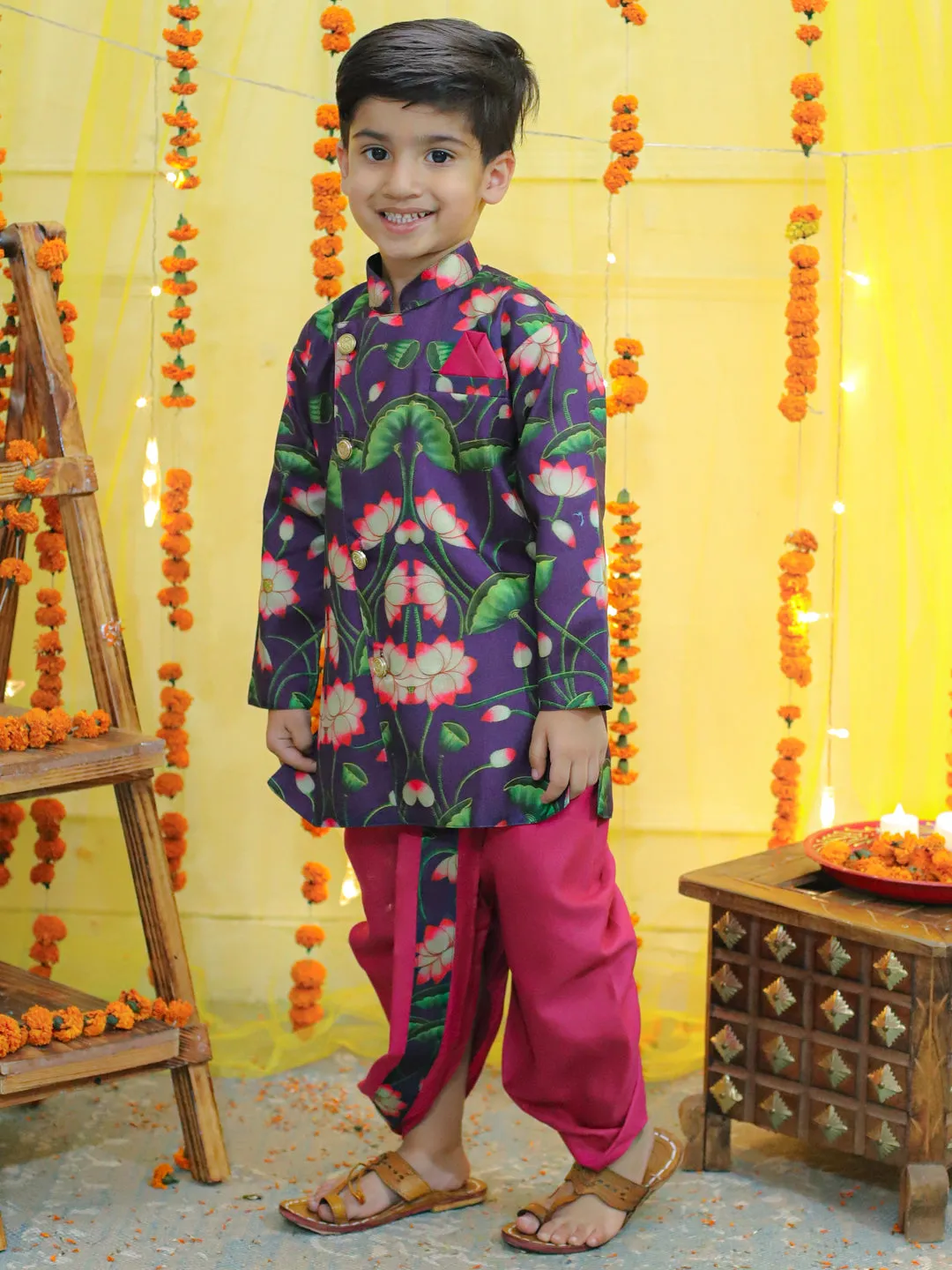 Boys Ethnic Festive Floral Printed Full Sleeve Sherwani with Cotton Dhoti -Purple