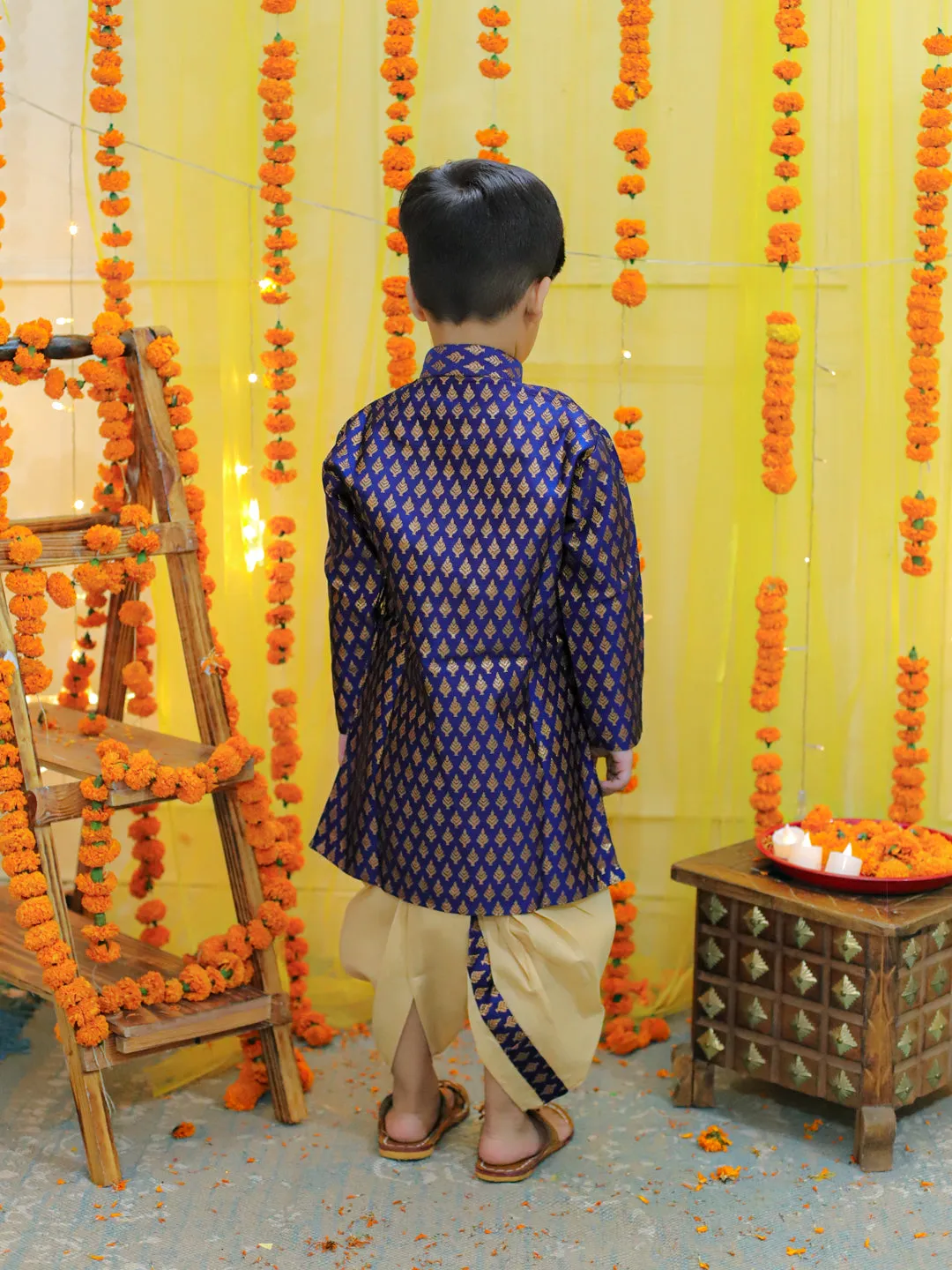 Boys Ethnic Festive Wear Jacquard Full Sleeve Sherwani with Dhoti - Blue