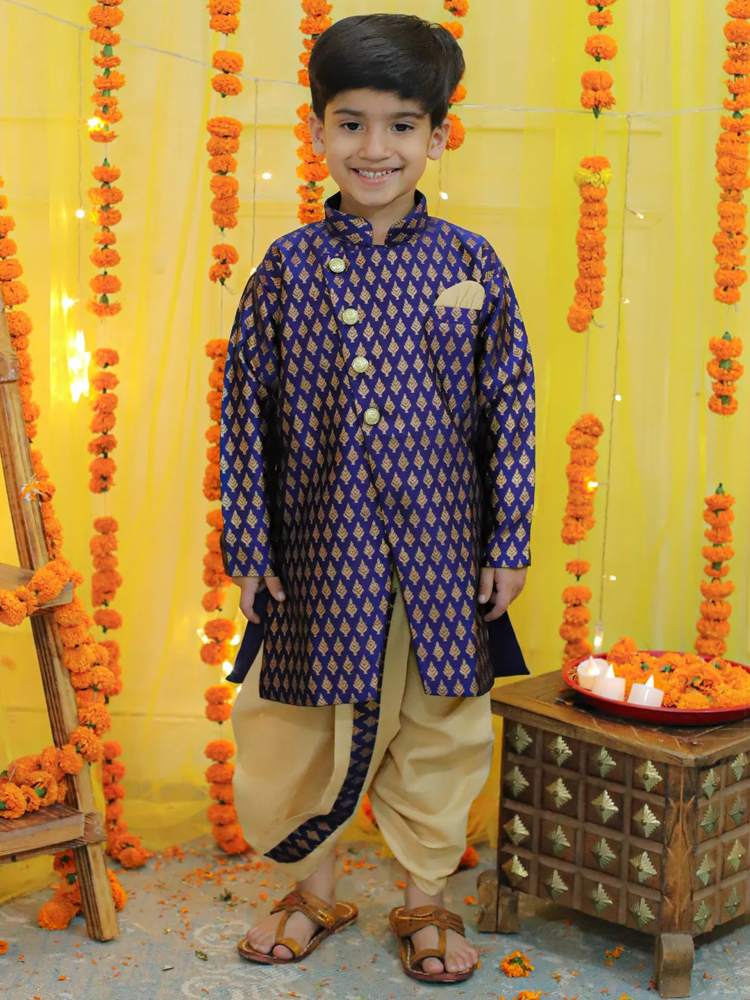 Boys Ethnic Festive Wear Jacquard Full Sleeve Sherwani with Dhoti - Blue