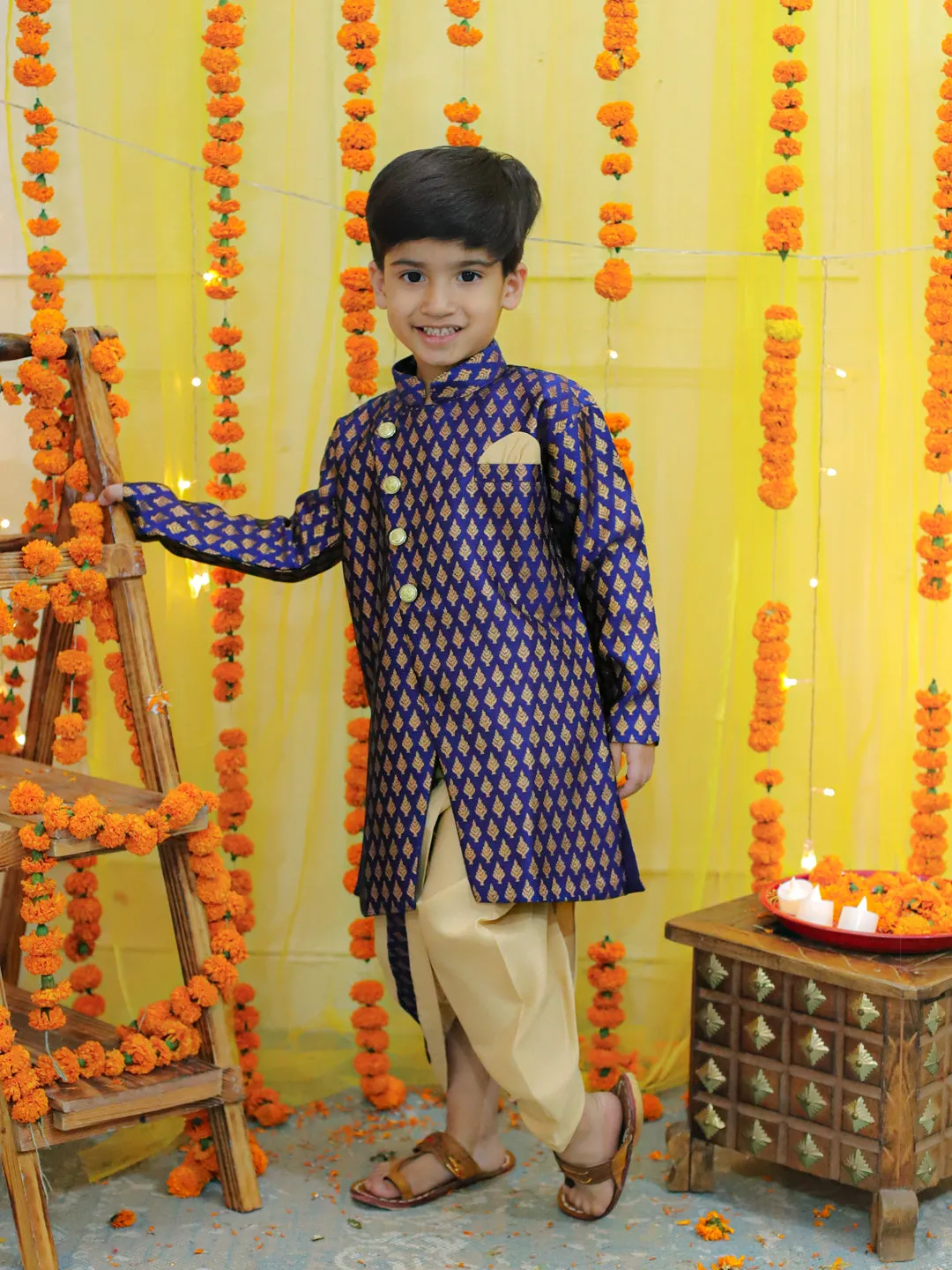 Boys Ethnic Festive Wear Jacquard Full Sleeve Sherwani with Dhoti - Blue