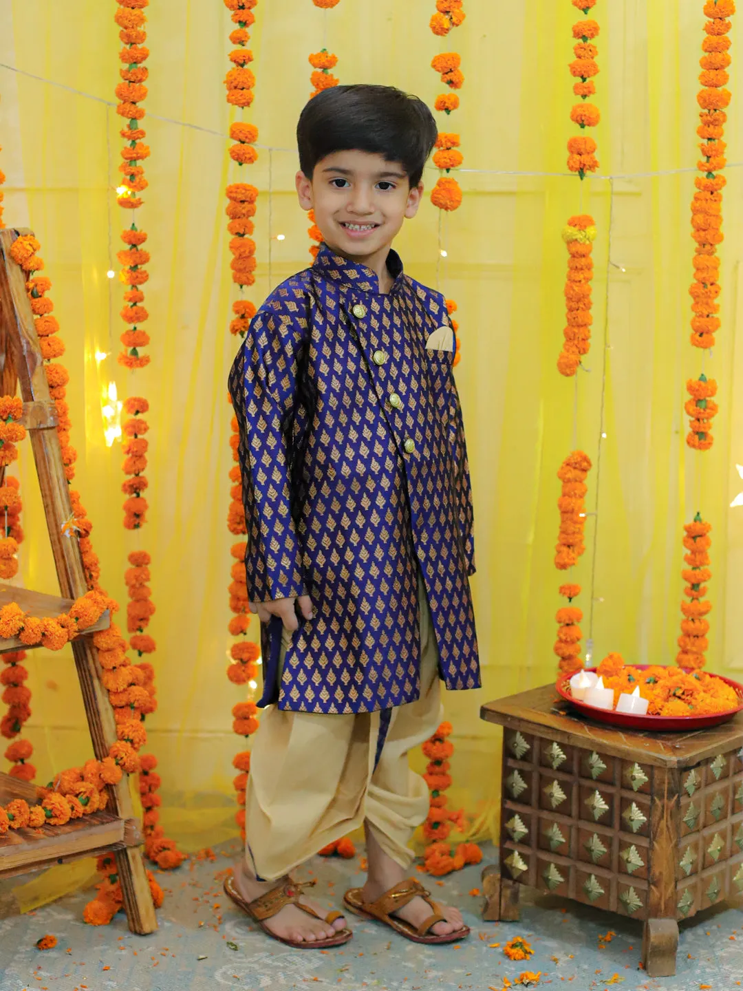 Boys Ethnic Festive Wear Jacquard Full Sleeve Sherwani with Dhoti - Blue