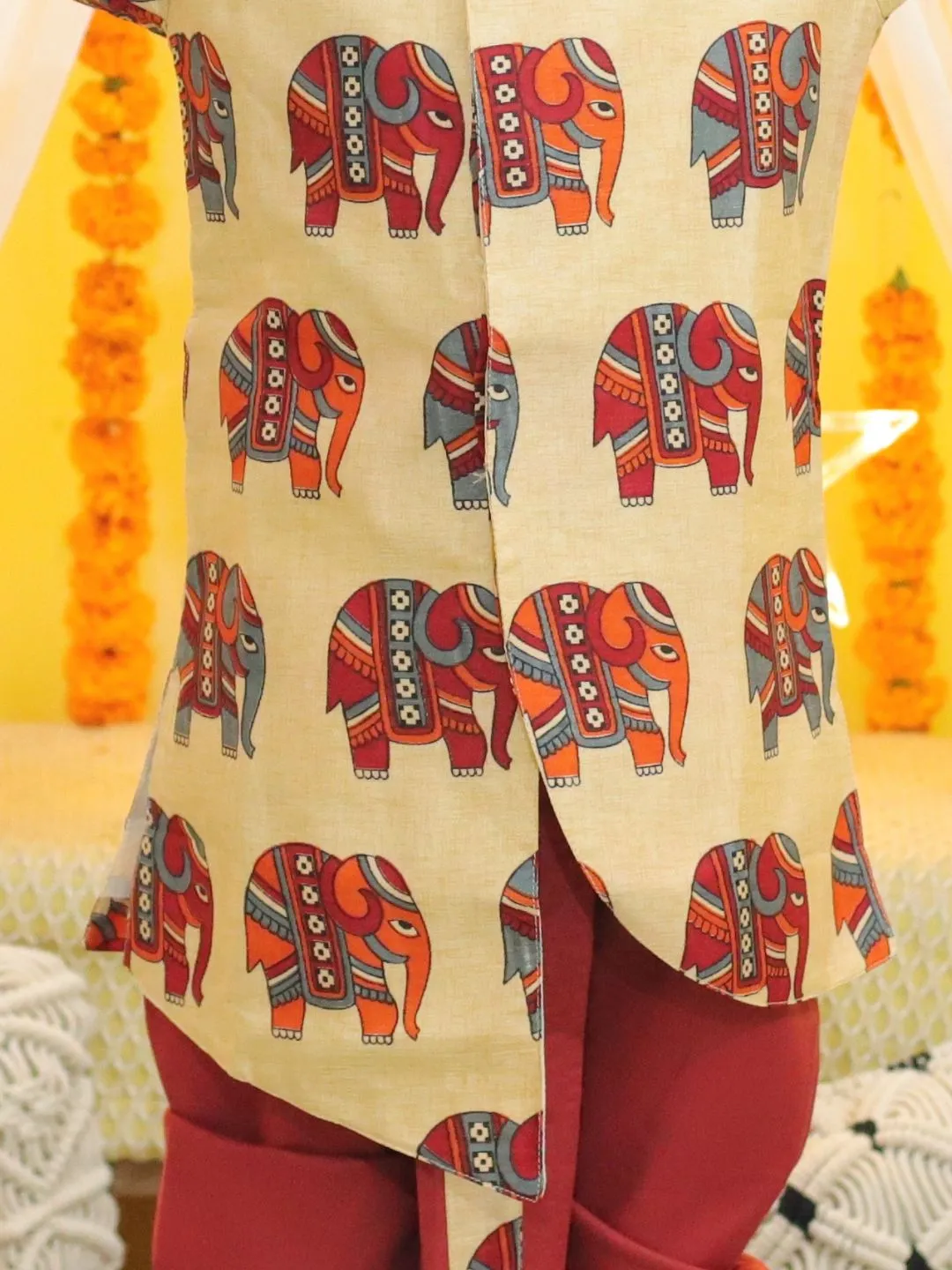 Boys Ethnic Hathi Print Full Sleeve Sherwani - Red