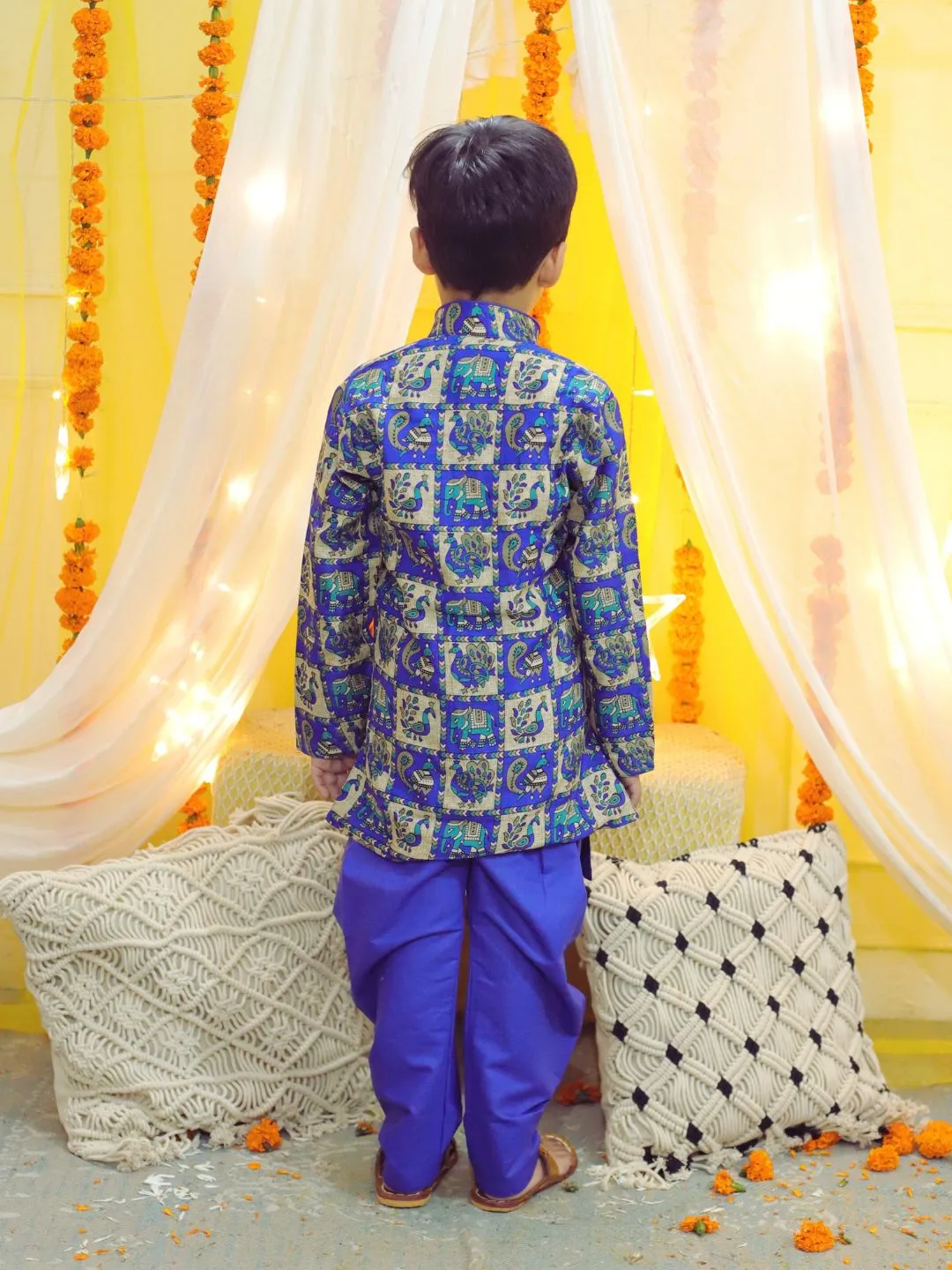 Boys Ethnic Mor Print Full Sleeve Sherwani with Salwar - Blue