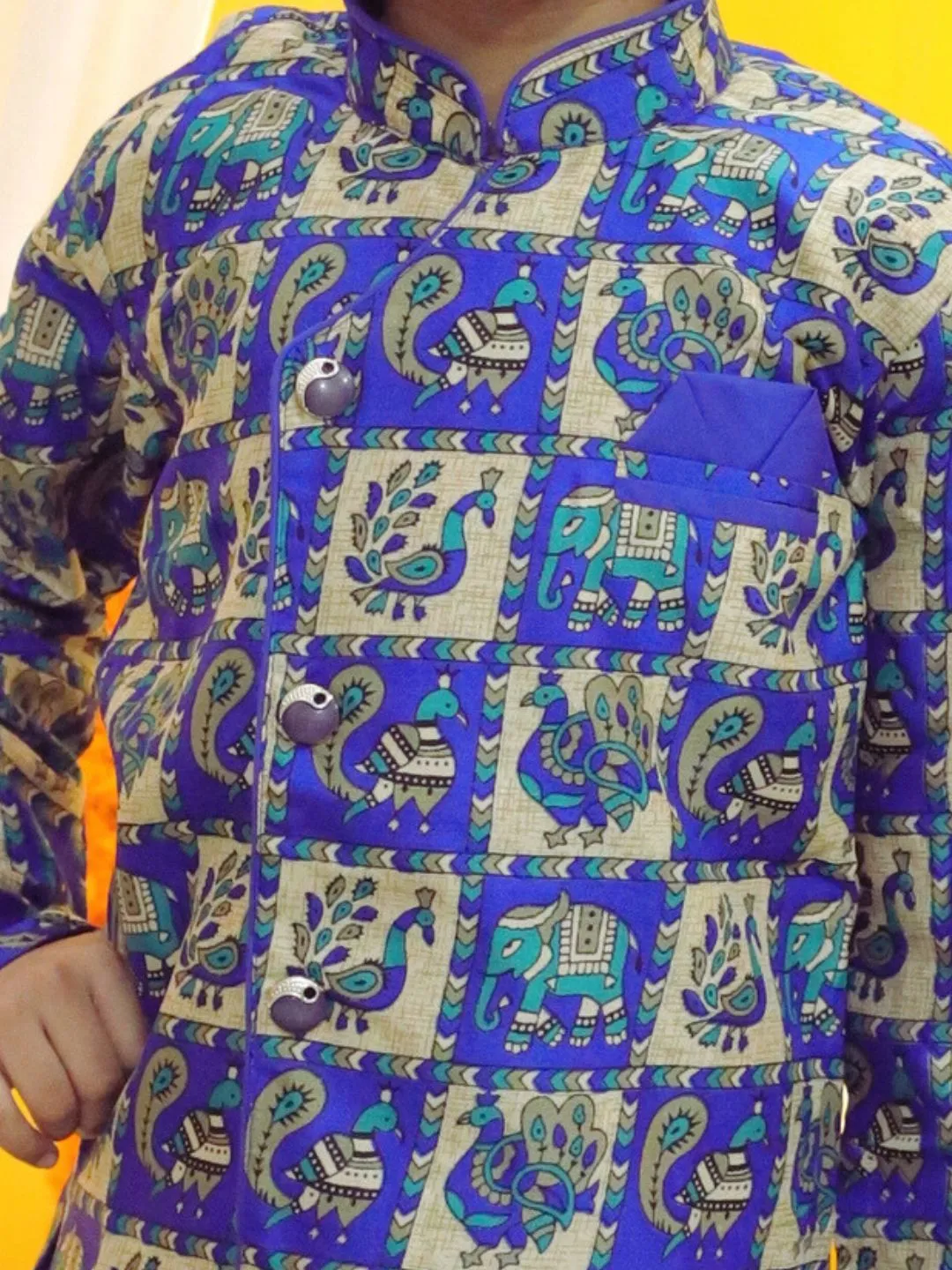 Boys Ethnic Mor Print Full Sleeve Sherwani with Salwar - Blue