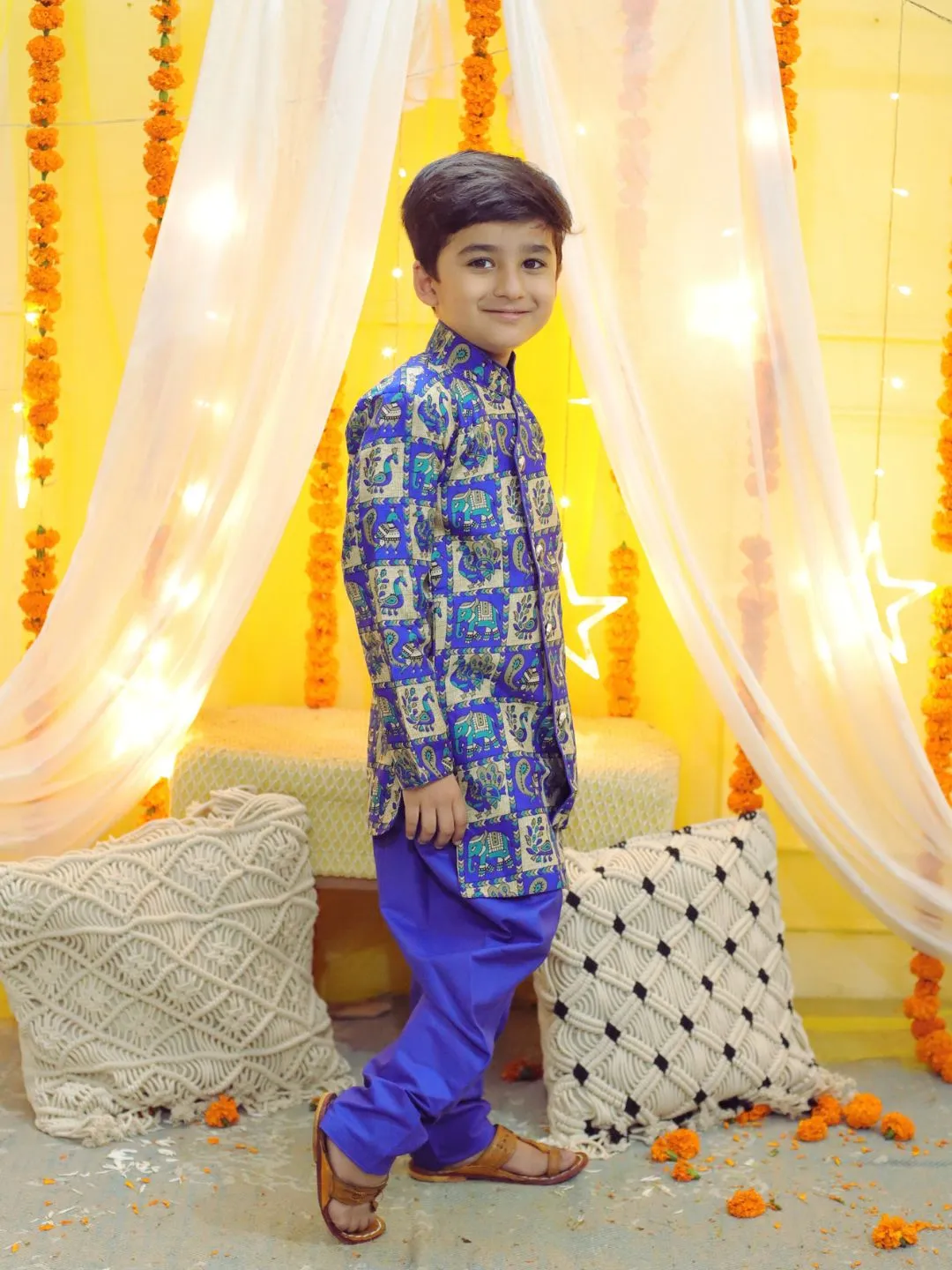 Boys Ethnic Mor Print Full Sleeve Sherwani with Salwar - Blue