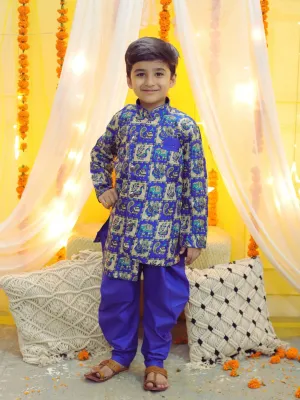 Boys Ethnic Mor Print Full Sleeve Sherwani with Salwar - Blue