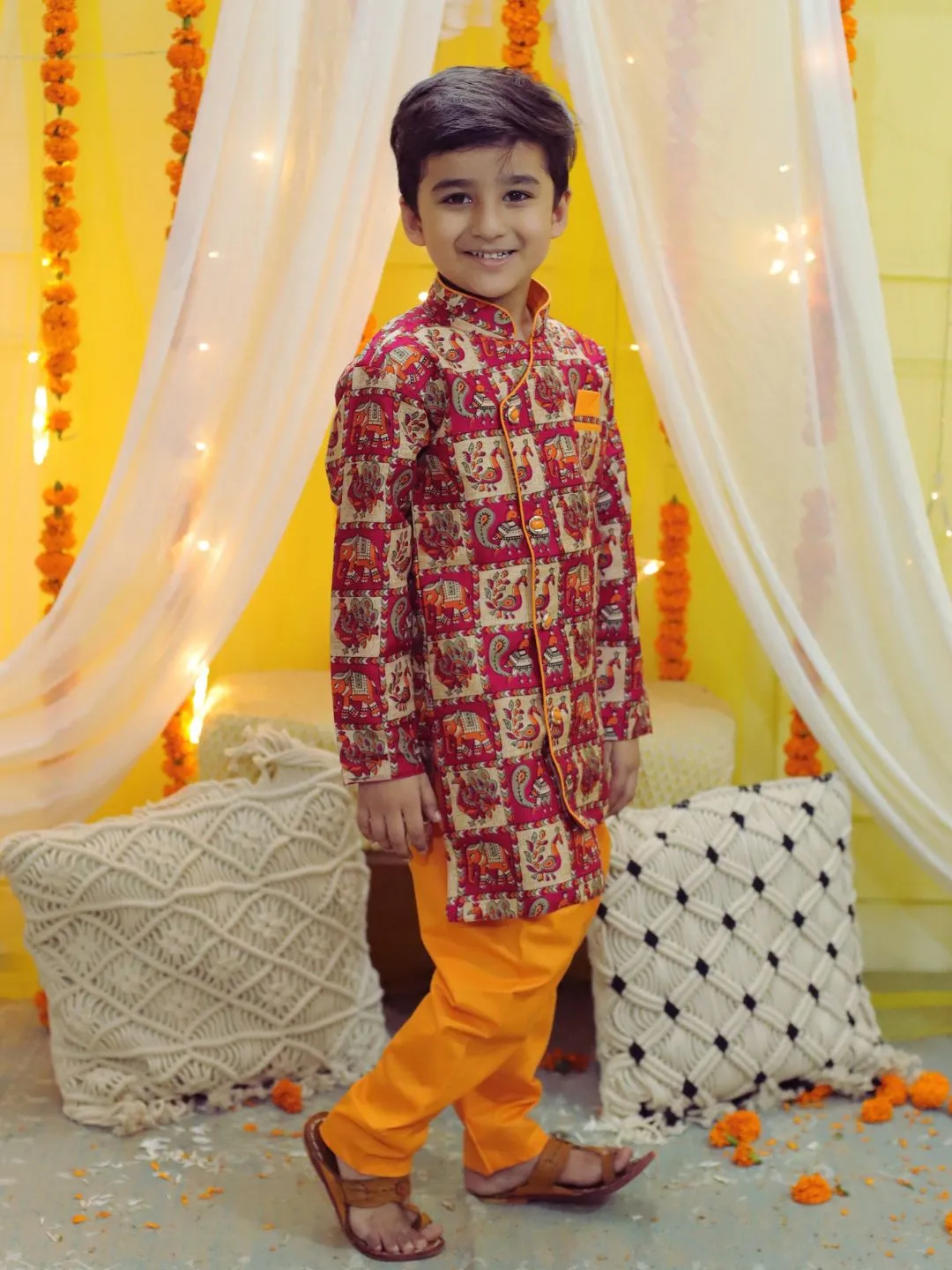 Boys Ethnic Mor Print Full Sleeve Sherwani with Salwar - Pink