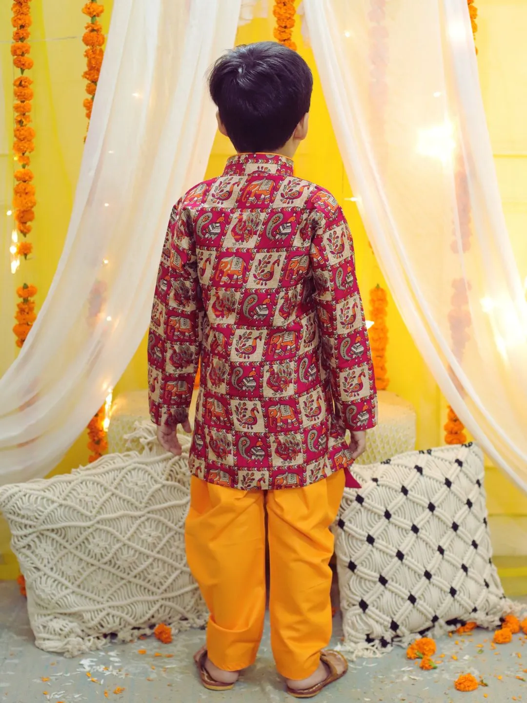 Boys Ethnic Mor Print Full Sleeve Sherwani with Salwar - Pink