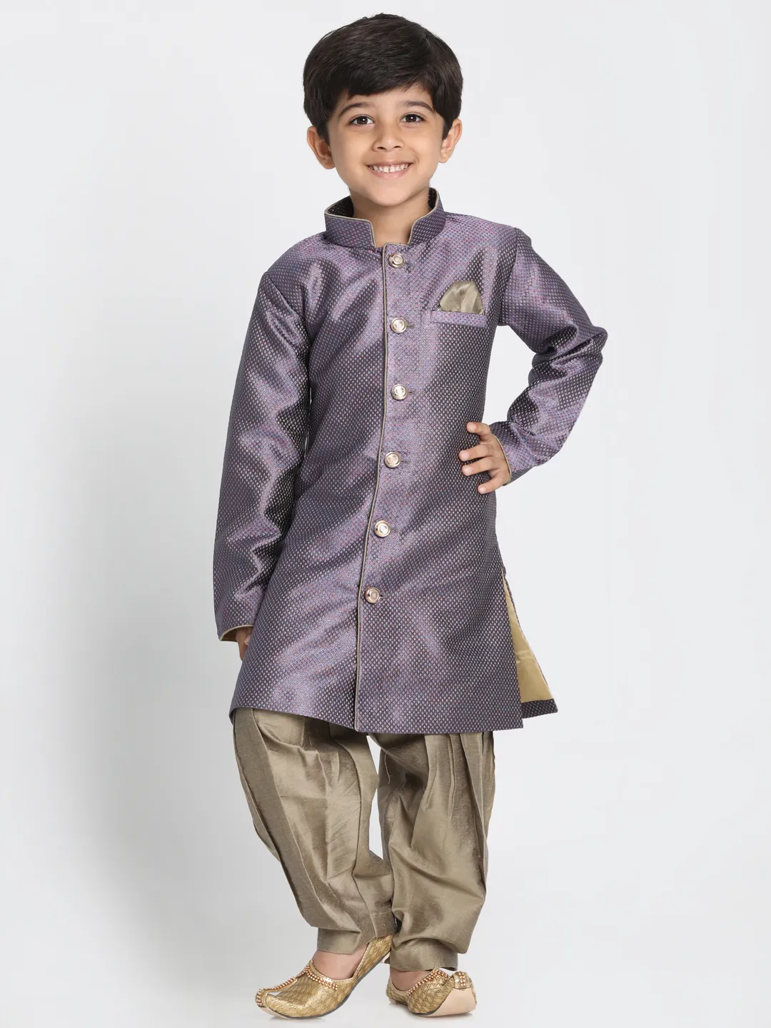 Boys' Purple Silk Blend Sherwani Set