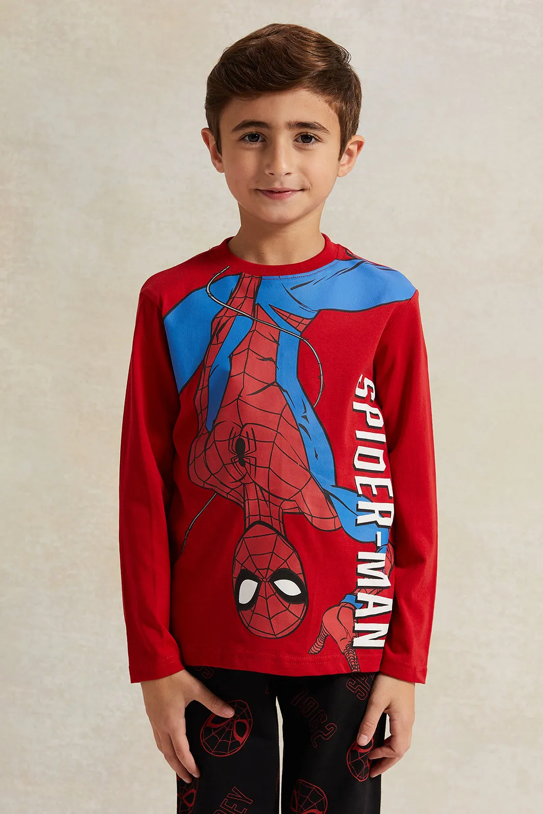 Boys Red And Black Spiderman Print Pyjama Set (2 Piece)