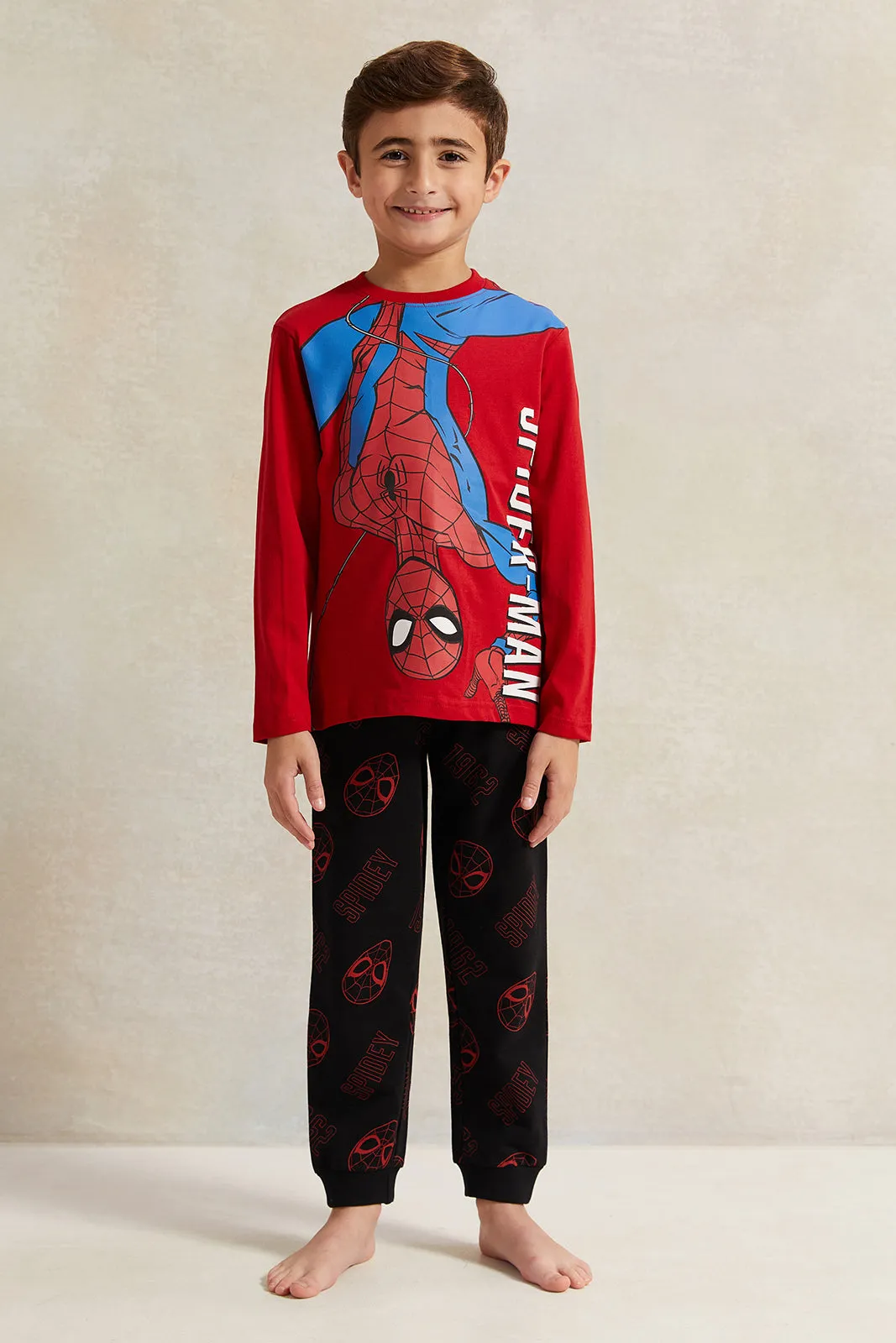 Boys Red And Black Spiderman Print Pyjama Set (2 Piece)