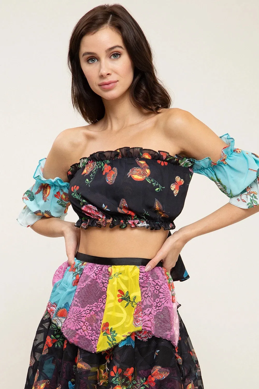 Butterfly Chiffon Floral Print Crop Top And Skirt Set