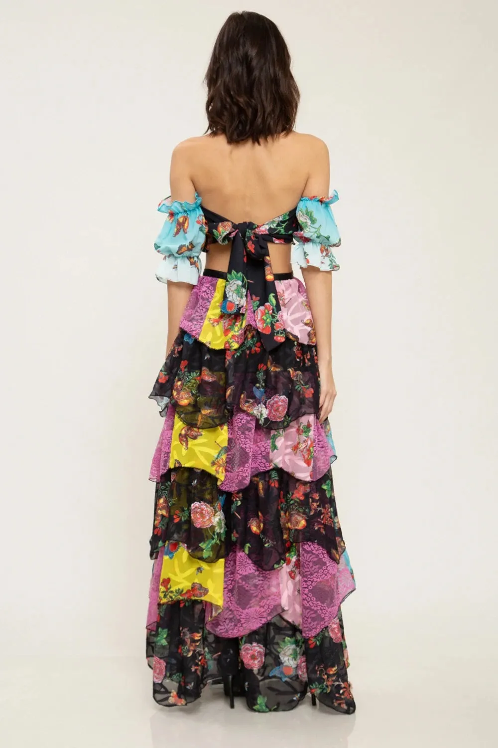 Butterfly Chiffon Floral Print Crop Top And Skirt Set