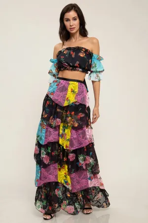 Butterfly Chiffon Floral Print Crop Top And Skirt Set