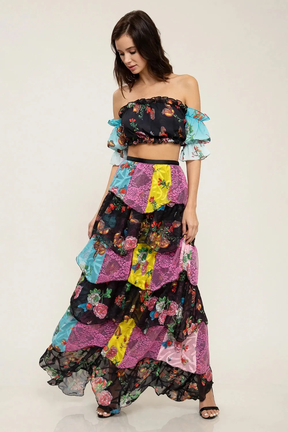 Butterfly Chiffon Floral Print Crop Top And Skirt Set