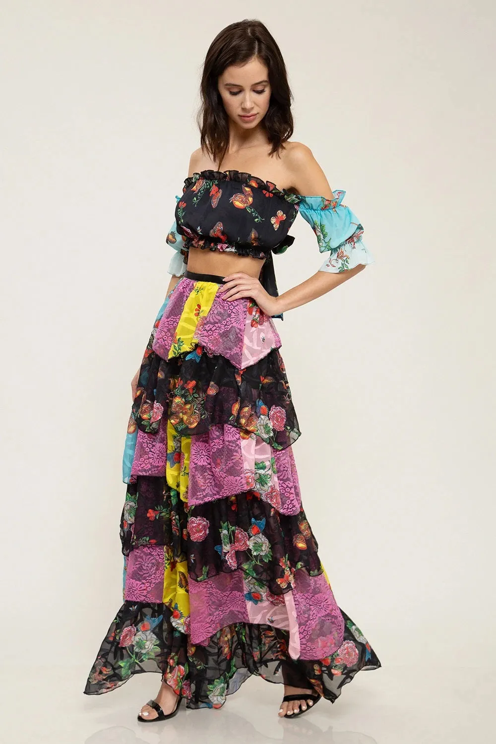 Butterfly Chiffon Floral Print Crop Top And Skirt Set