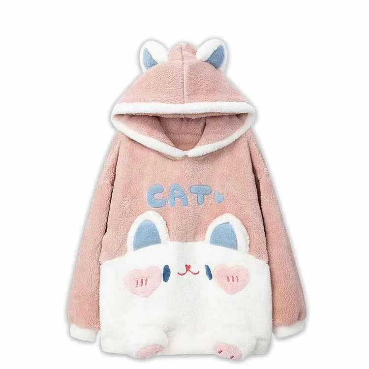 Cartoon Kitty Letter Embroidery Plush Hooded Pajamas Set