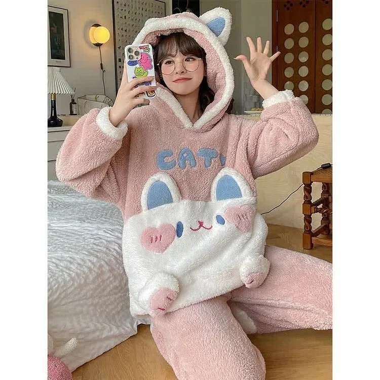 Cartoon Kitty Letter Embroidery Plush Hooded Pajamas Set