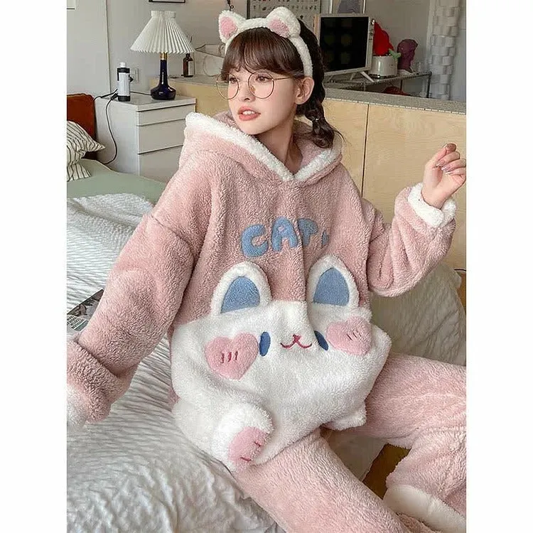 Cartoon Kitty Letter Embroidery Plush Hooded Pajamas Set