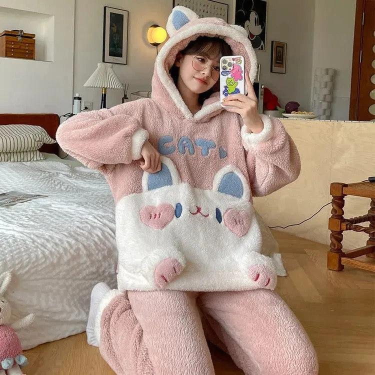 Cartoon Kitty Letter Embroidery Plush Hooded Pajamas Set