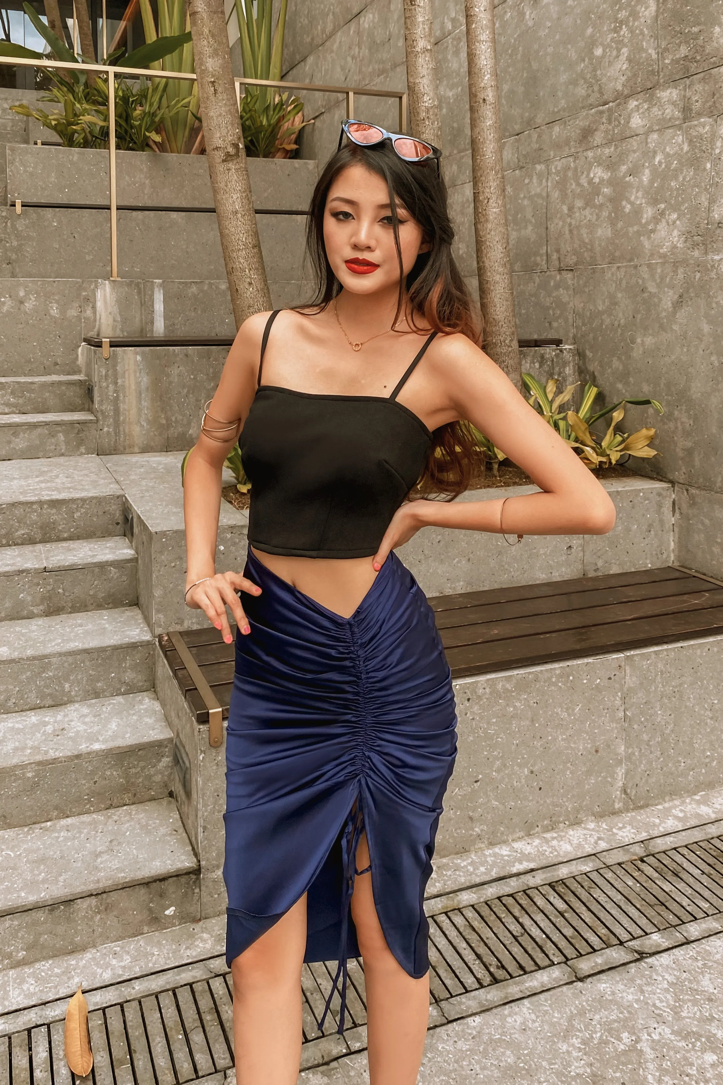 Cersei Asymmetrical Ruched Satin Skirt in Navy Blue