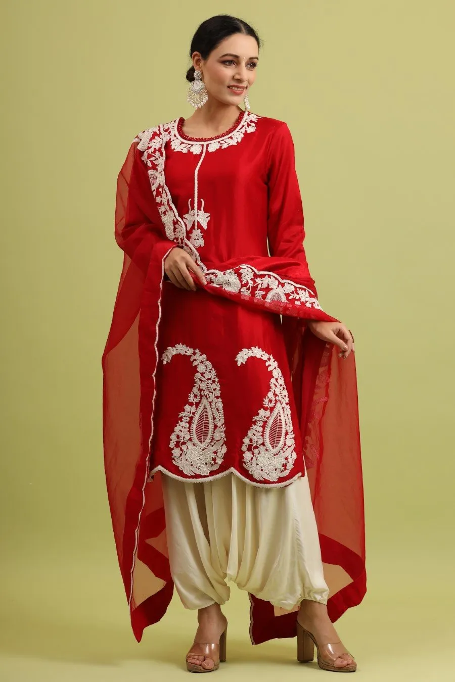 Cherry Red Embroidered Kurta set with Harem Pants