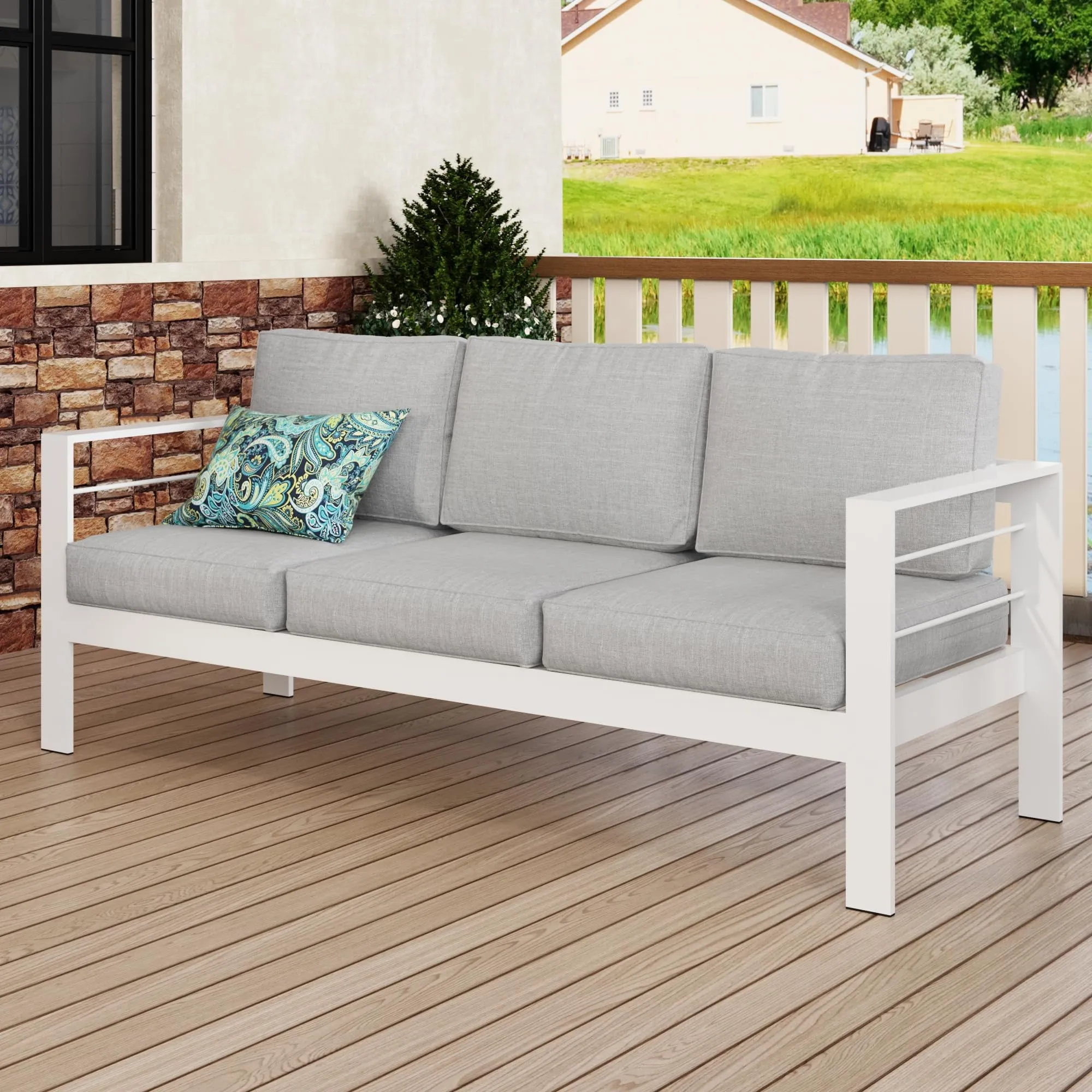 CozyHom 3-Seat Outdoor Patio Aluminum Sofa Furniture Sets Metal Patio Couch With Cushions, Outdoor Accent Chair Patio Long Decorative Sofa/Chairs, White