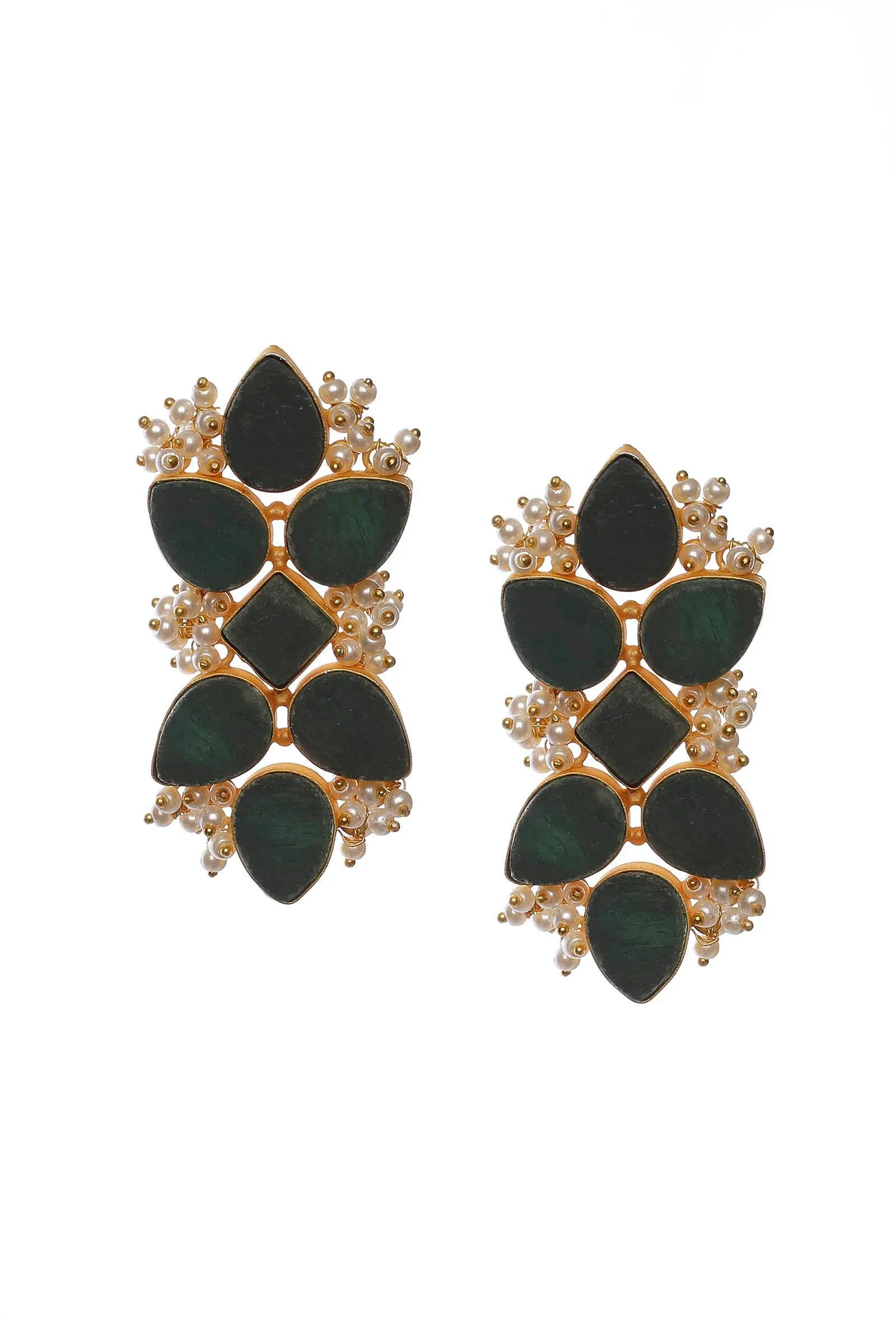 Dark Green Gold Stone Pearl Earrings