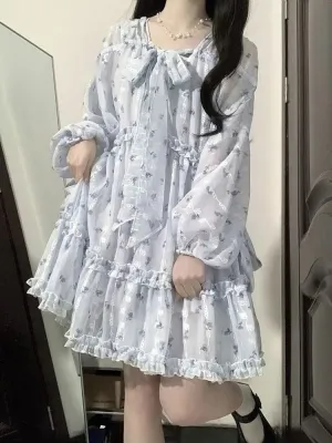 deanwangkt Fairycore Cute Floral Blue Lolita Dress Women Kawaii Japanese Style Sweet Ruffles Long Puff Sleeve Mini Dresses Autumn