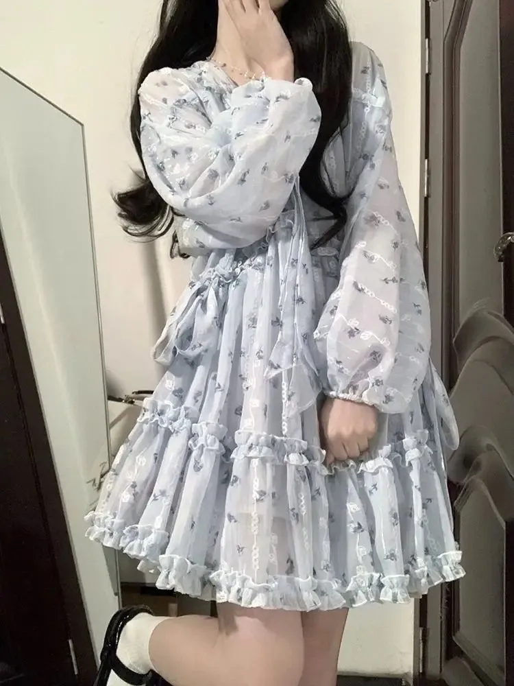 deanwangkt Fairycore Cute Floral Blue Lolita Dress Women Kawaii Japanese Style Sweet Ruffles Long Puff Sleeve Mini Dresses Autumn