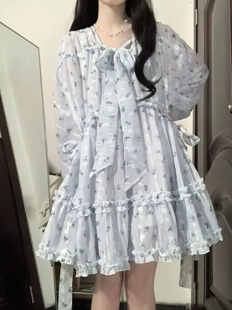 deanwangkt Fairycore Cute Floral Blue Lolita Dress Women Kawaii Japanese Style Sweet Ruffles Long Puff Sleeve Mini Dresses Autumn