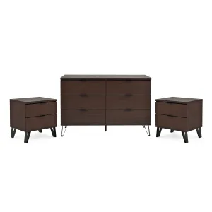 Demijen Modern Industrial 3 Piece Double Dresser and Nightstand Bedroom Set, Walnut and Matte Black