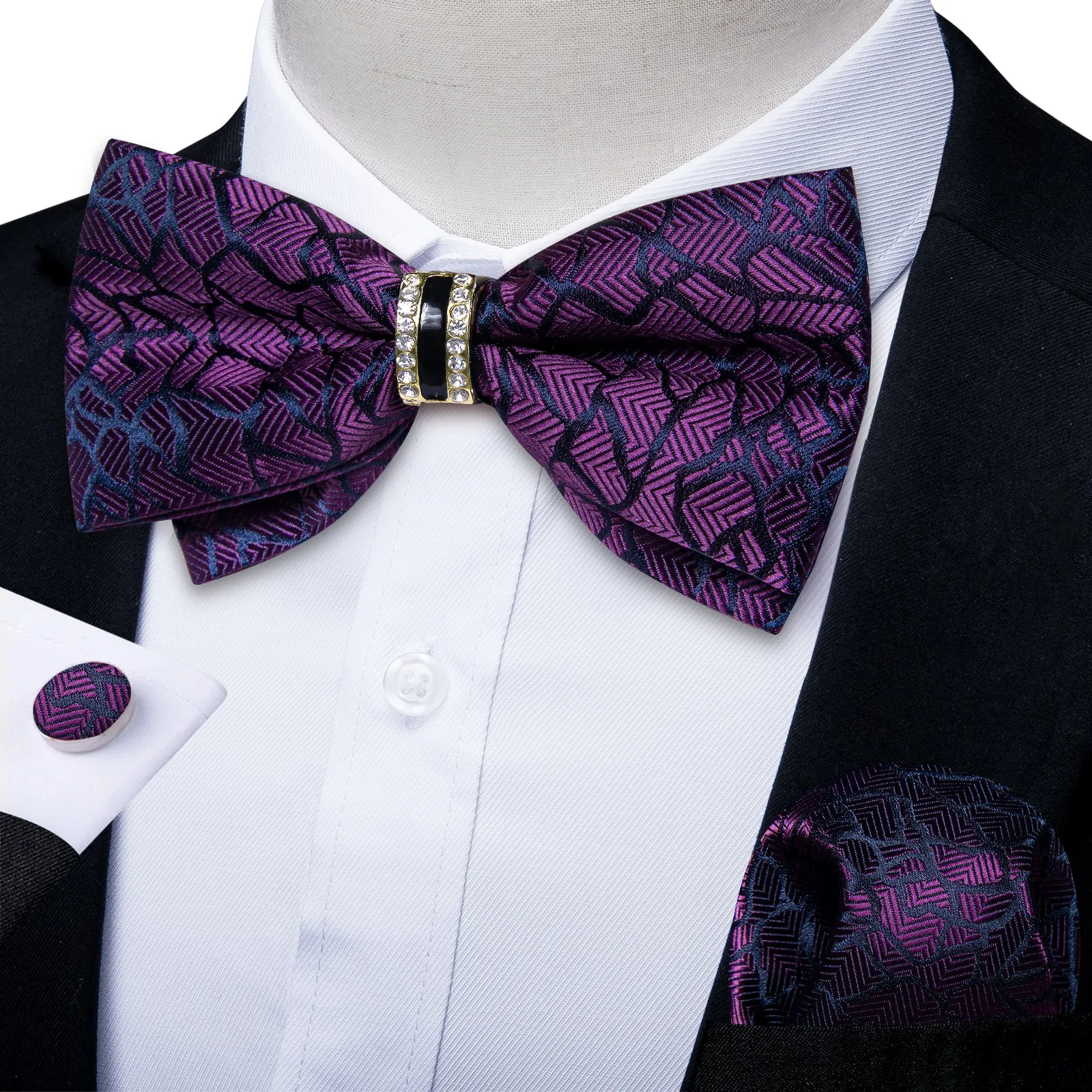 DiBanGu Mens Bow Tie Purple Novelty Diamond Plastic Ring Men's Pre-Bowtie Pocket Square Cufflinks Set